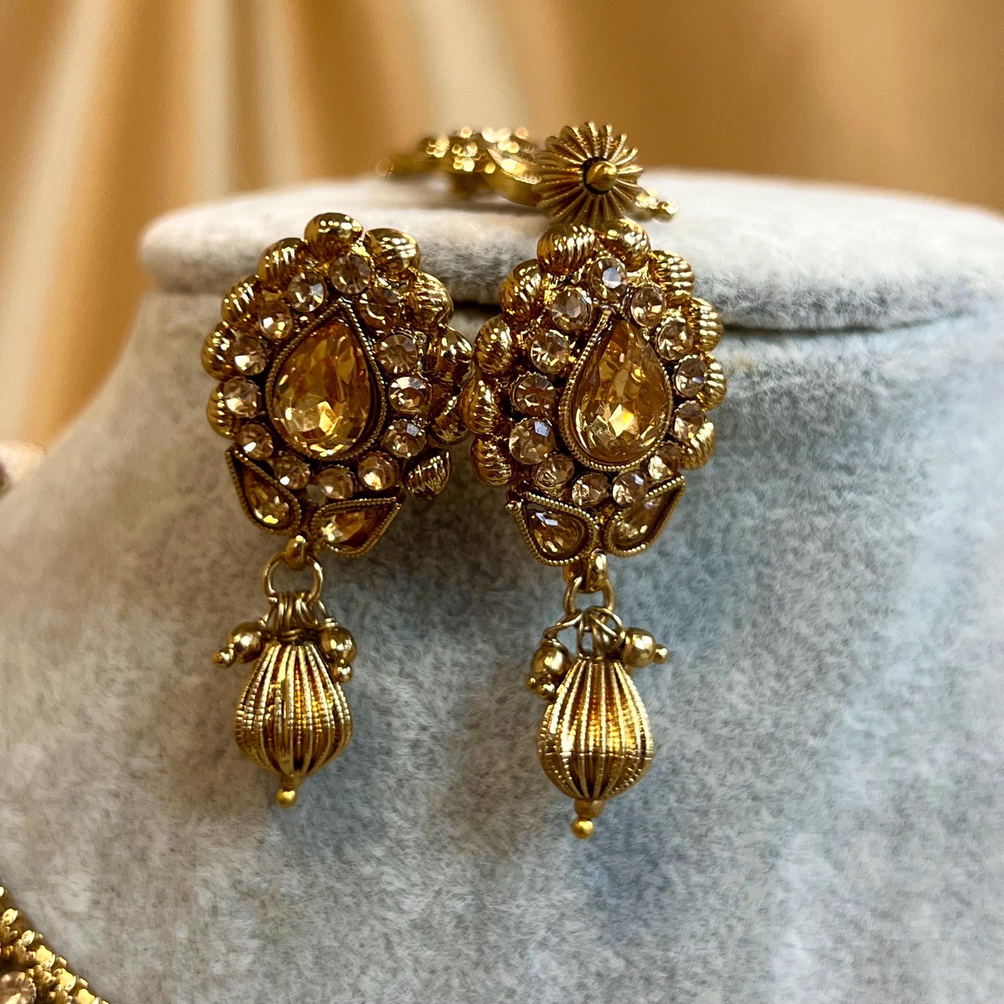 Gold Thin Necklace Set Earring/ Tikka/ Tikli/ Indian/ Pakistani/Fashion Jewellery/ Gift for Women/ Antique Gold with Champagne crystals