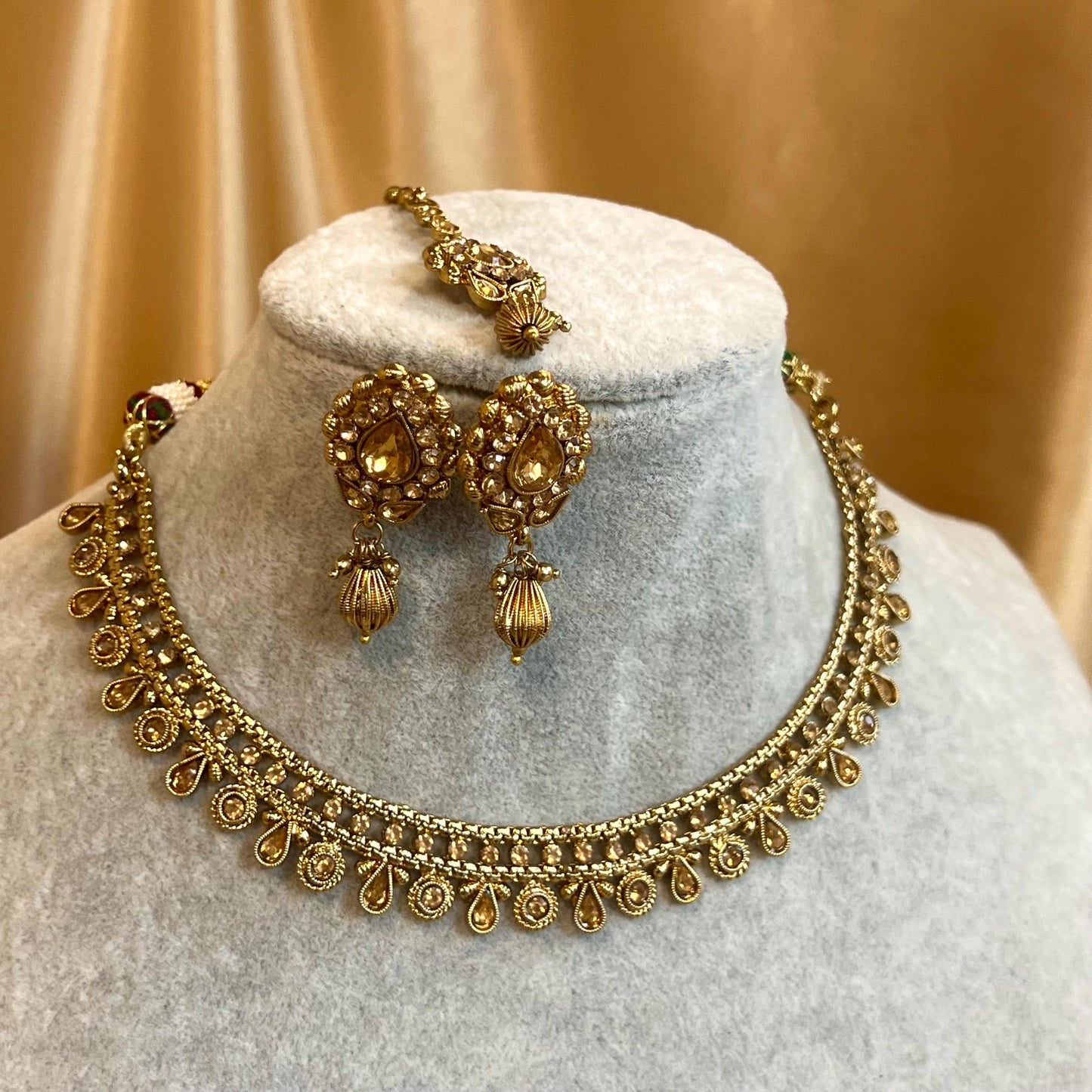Gold Thin Necklace Set Earring/ Tikka/ Tikli/ Indian/ Pakistani/Fashion Jewellery/ Gift for Women/ Antique Gold with Champagne crystals