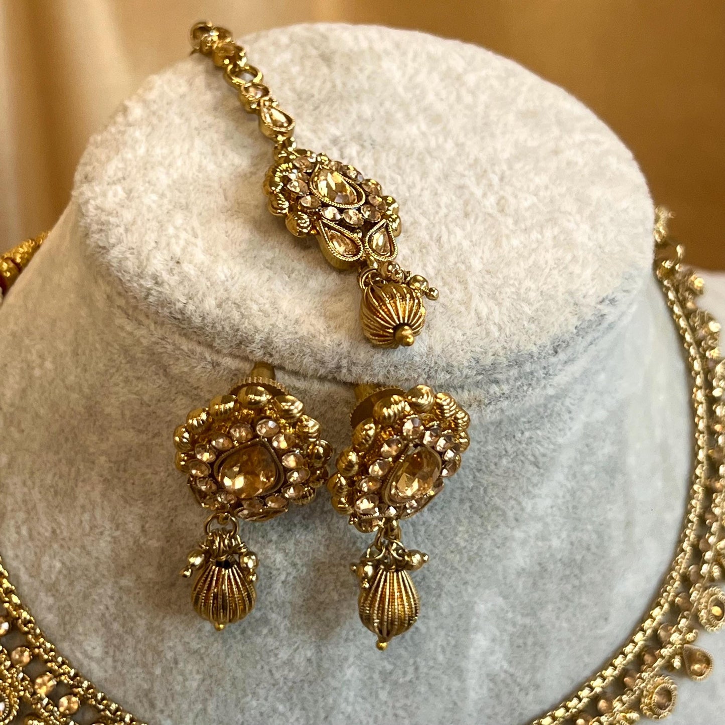 Gold Thin Necklace Set Earring/ Tikka/ Tikli/ Indian/ Pakistani/Fashion Jewellery/ Gift for Women/ Antique Gold with Champagne crystals