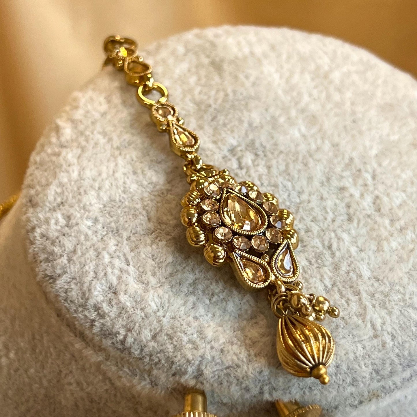 Gold Thin Necklace Set Earring/ Tikka/ Tikli/ Indian/ Pakistani/Fashion Jewellery/ Gift for Women/ Antique Gold with Champagne crystals