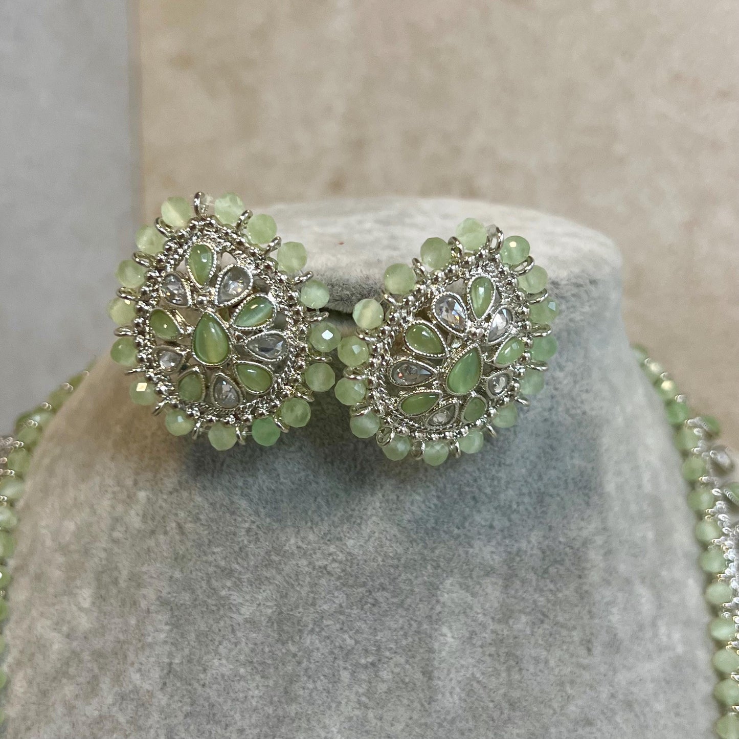 Clear/ Pearl-Long Necklace and Earring set/Antique Gold with Zircon Crystal and Stud earring. No Tikka/ Pakistani/ Indian Fashion Set