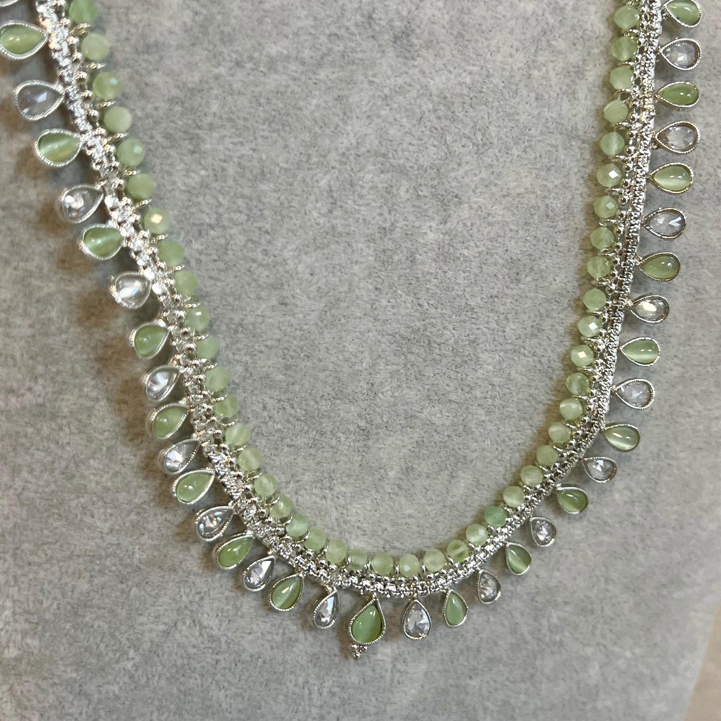 Clear/ Pearl-Long Necklace and Earring set/Antique Gold with Zircon Crystal and Stud earring. No Tikka/ Pakistani/ Indian Fashion Set