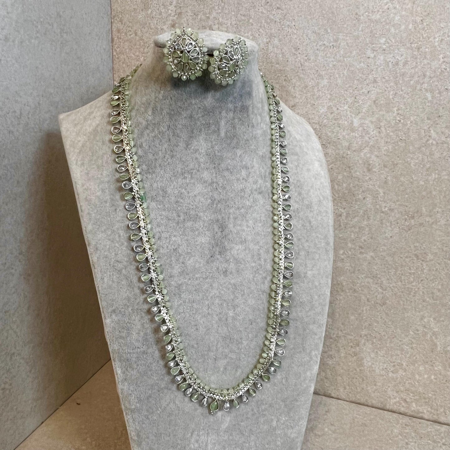 Clear/ Pearl-Long Necklace and Earring set/Antique Gold with Zircon Crystal and Stud earring. No Tikka/ Pakistani/ Indian Fashion Set