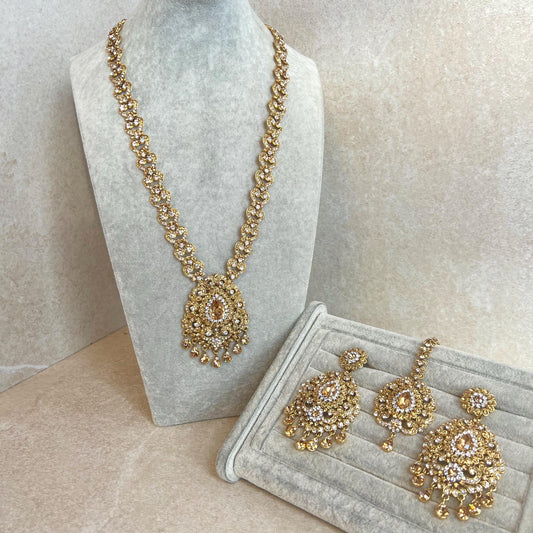 Gold /Antique Gold with Golden Rhinestone Long Necklace set With Jhumka Earring and Tikka/long necklace/ Haar/ Mala/ Earring/Wedding/Fashion