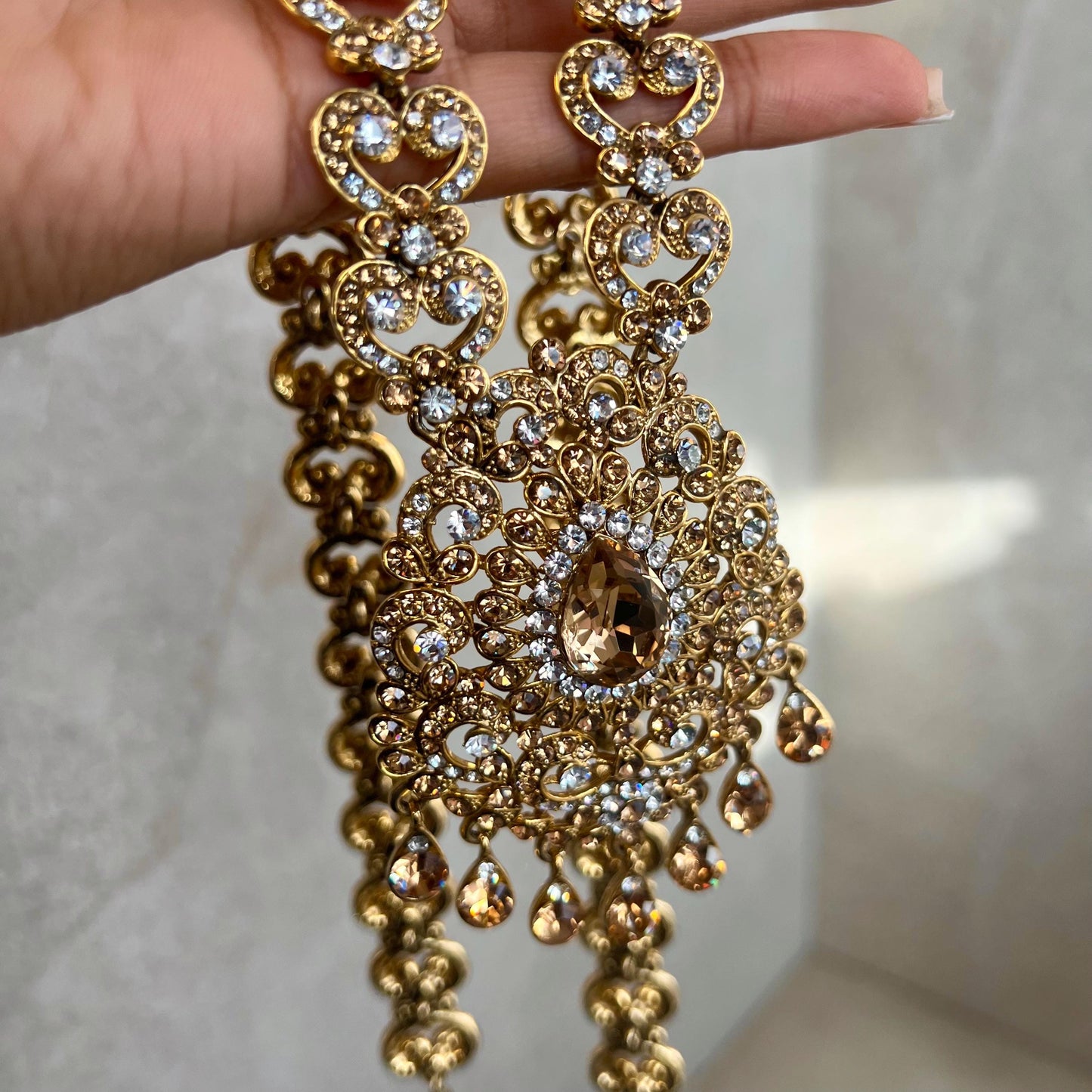 Gold /Antique Gold with Golden Rhinestone Long Necklace set With Jhumka Earring and Tikka/long necklace/ Haar/ Mala/ Earring/Wedding/Fashion