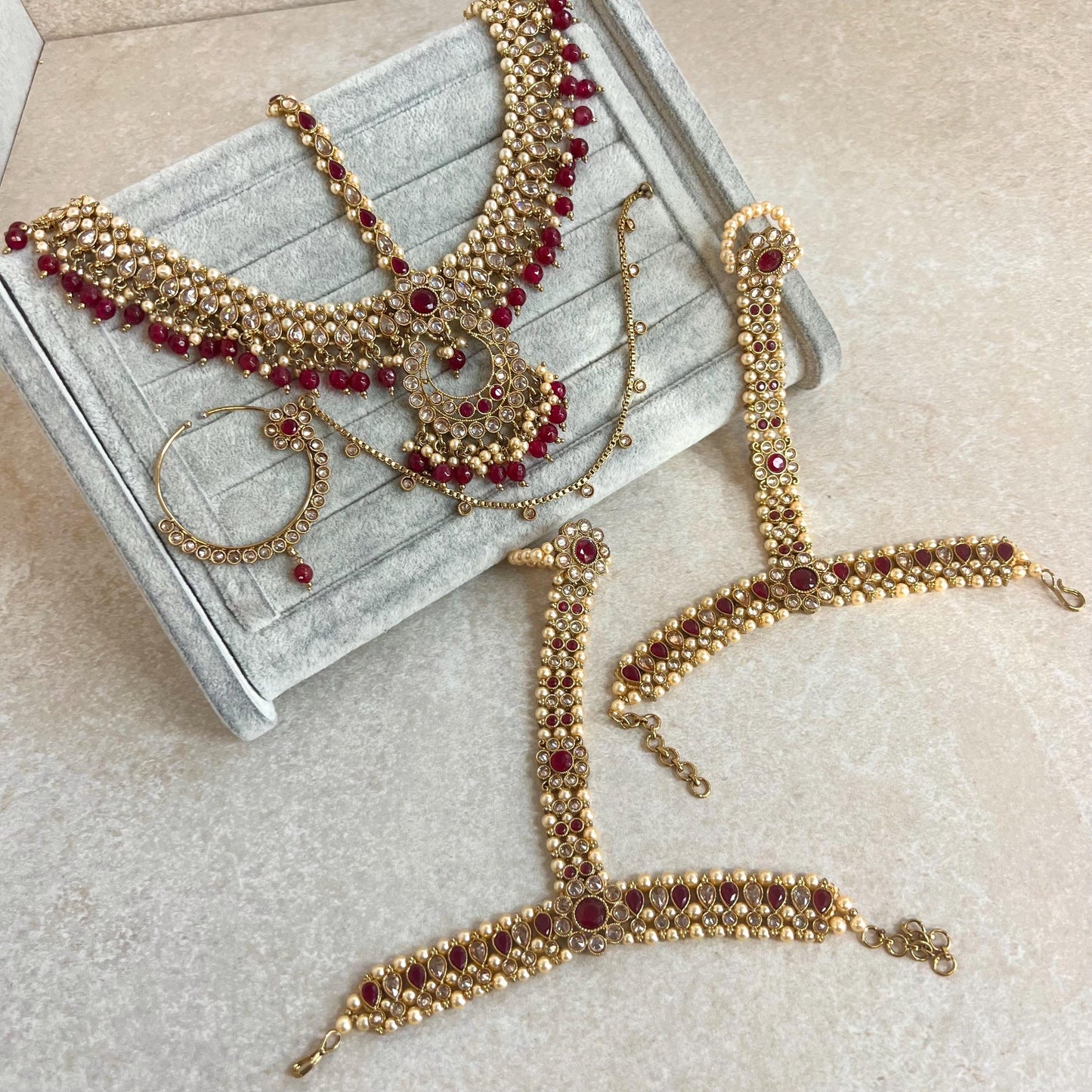 Ruby Bridal Accessories/ Antique Gold with Golden Rhinestone/ Mathapatti/ Slide Nose Ring/ 2 Hand Harness/ Indian Pakistani Fashion/ Gift