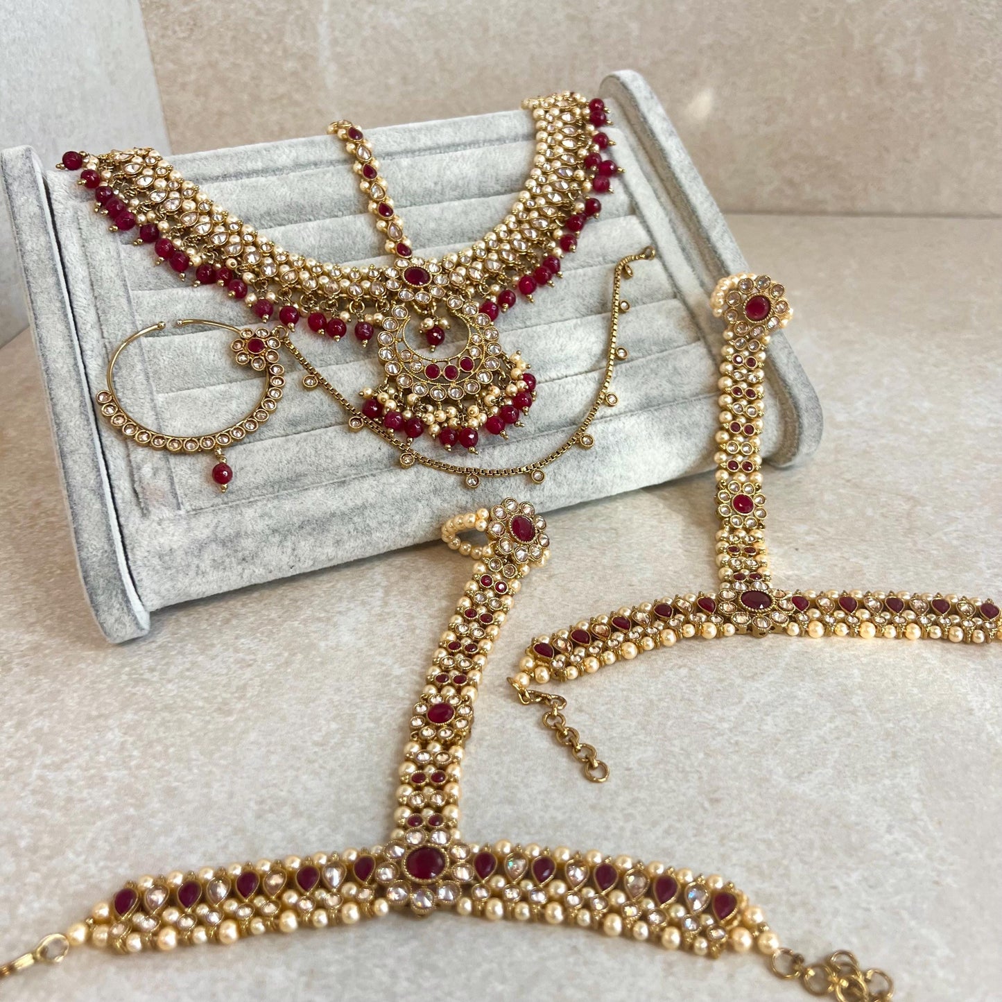 Ruby Bridal Accessories/ Antique Gold with Golden Rhinestone/ Mathapatti/ Slide Nose Ring/ 2 Hand Harness/ Indian Pakistani Fashion/ Gift