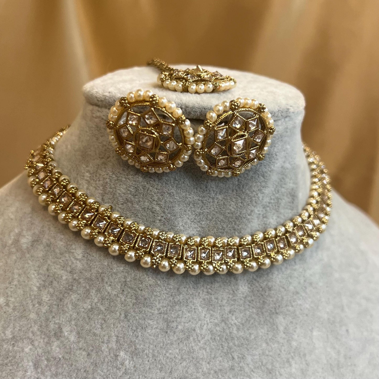 Pearl Thin Necklace Set Earring/ Tikka/ Tikli/ Indian/ Pakistani/Fashion Jewellery/ Gift for Women/ Antique Gold with Champagne crystals