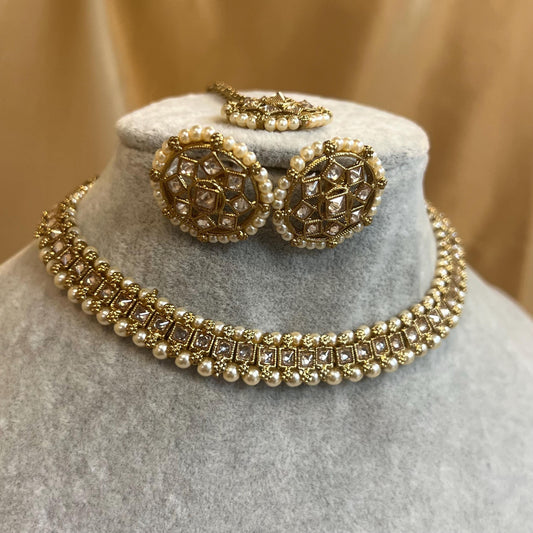 Pearl Thin Necklace Set Earring/ Tikka/ Tikli/ Indian/ Pakistani/Fashion Jewellery/ Gift for Women/ Antique Gold with Champagne crystals
