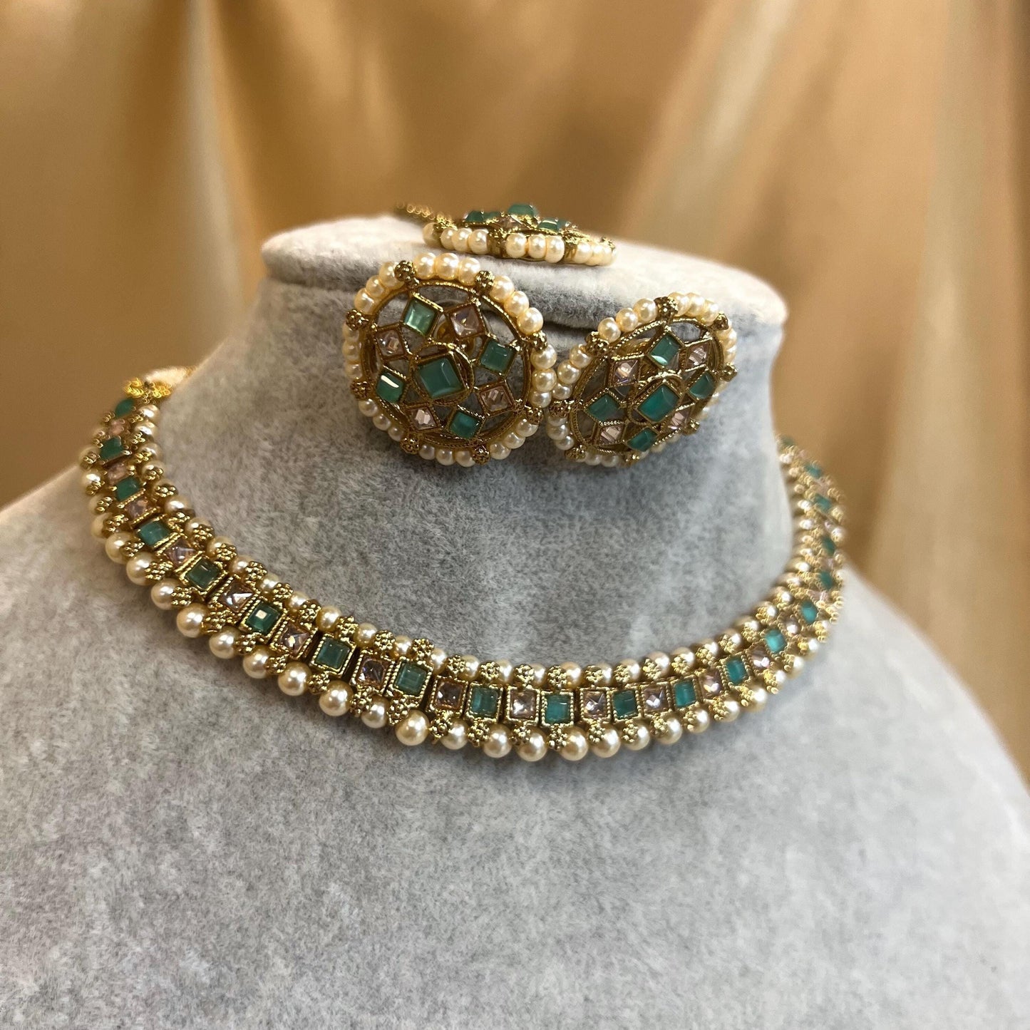 Green/Blue Thin Necklace Set Earring/ Tikka/ Tikli/ Indian/ Pakistani/Fashion Jewellery/ Gift for Women/ Antique Gold with Champagne