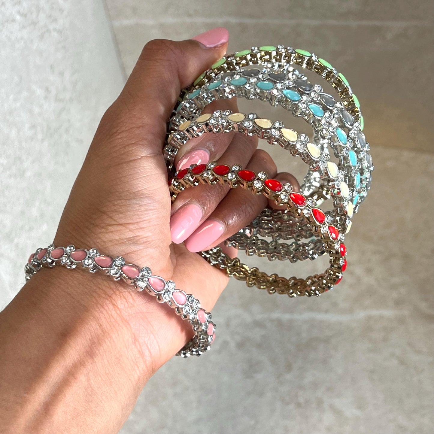 Single Statement Bangle in Mix Colours. Silver Base Colourful Stones/ Size Small 2.6 only/ Multicolour