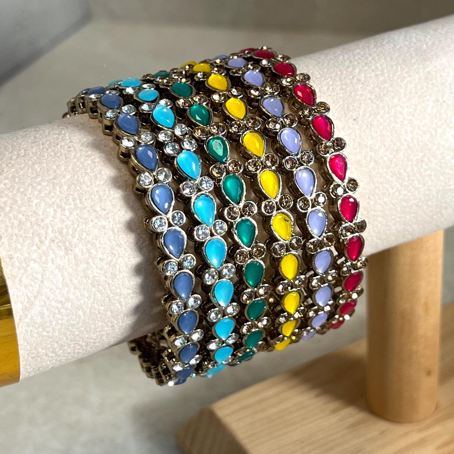 Single Statement Bangle in Mix Colours. Antique Gold Base Colourful Stones/ Size Small 2.6 only/ Multicolour