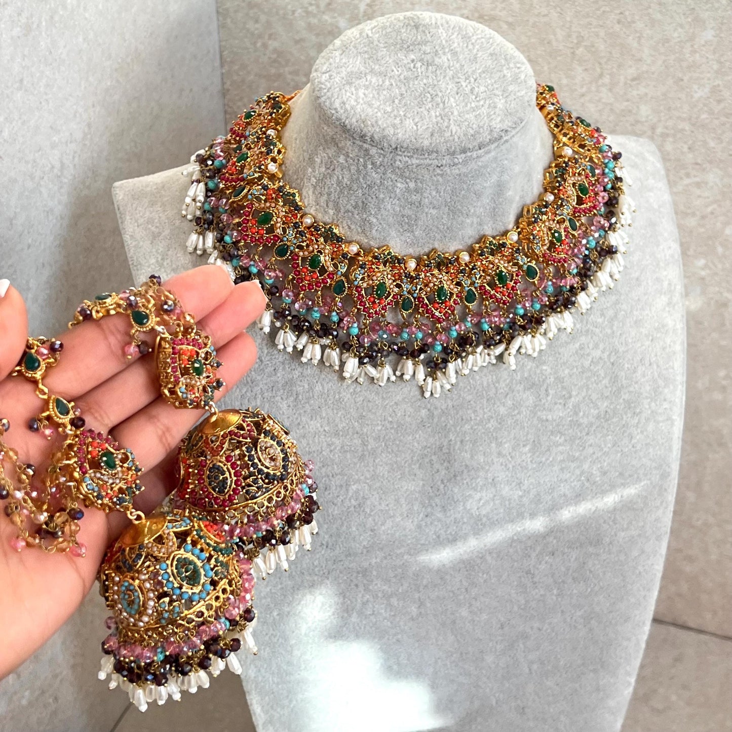 CLEARANCE SALE Beautiful Handmade Multicolour Necklace Set Large Jhumka Earring with chain. Desi/ Indian/ Pakistani/Fashion Jewellery/ Gift