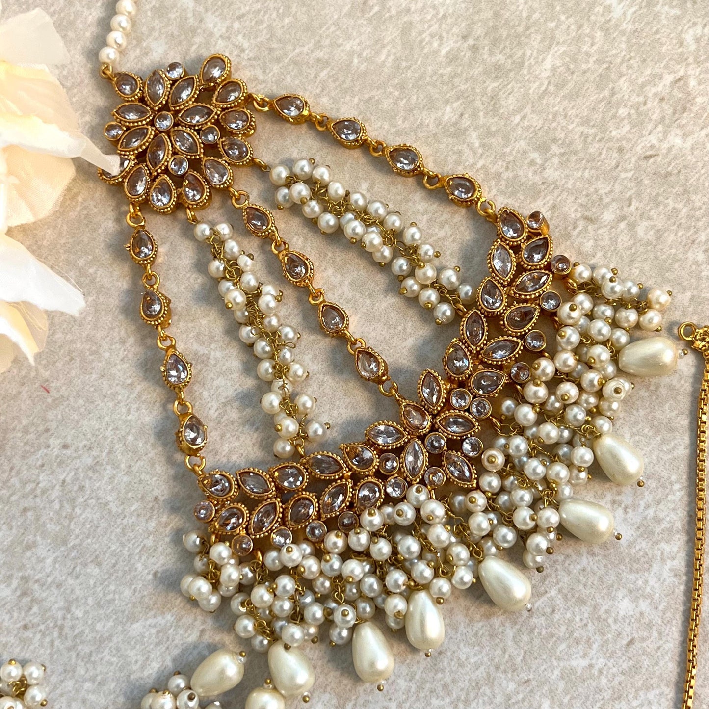 Full Bridal Set - Antique Gold Clear Rhinestone Indian / Pakistani Style/Necklace, Choker, Chain Jhumka Earring, Tikka, Jhumar Wedding/ Gift