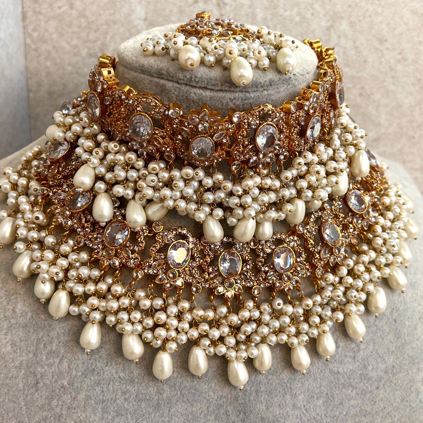 Full Bridal Set - Antique Gold Clear Rhinestone Indian / Pakistani Style/Necklace, Choker, Chain Jhumka Earring, Tikka, Jhumar Wedding/ Gift