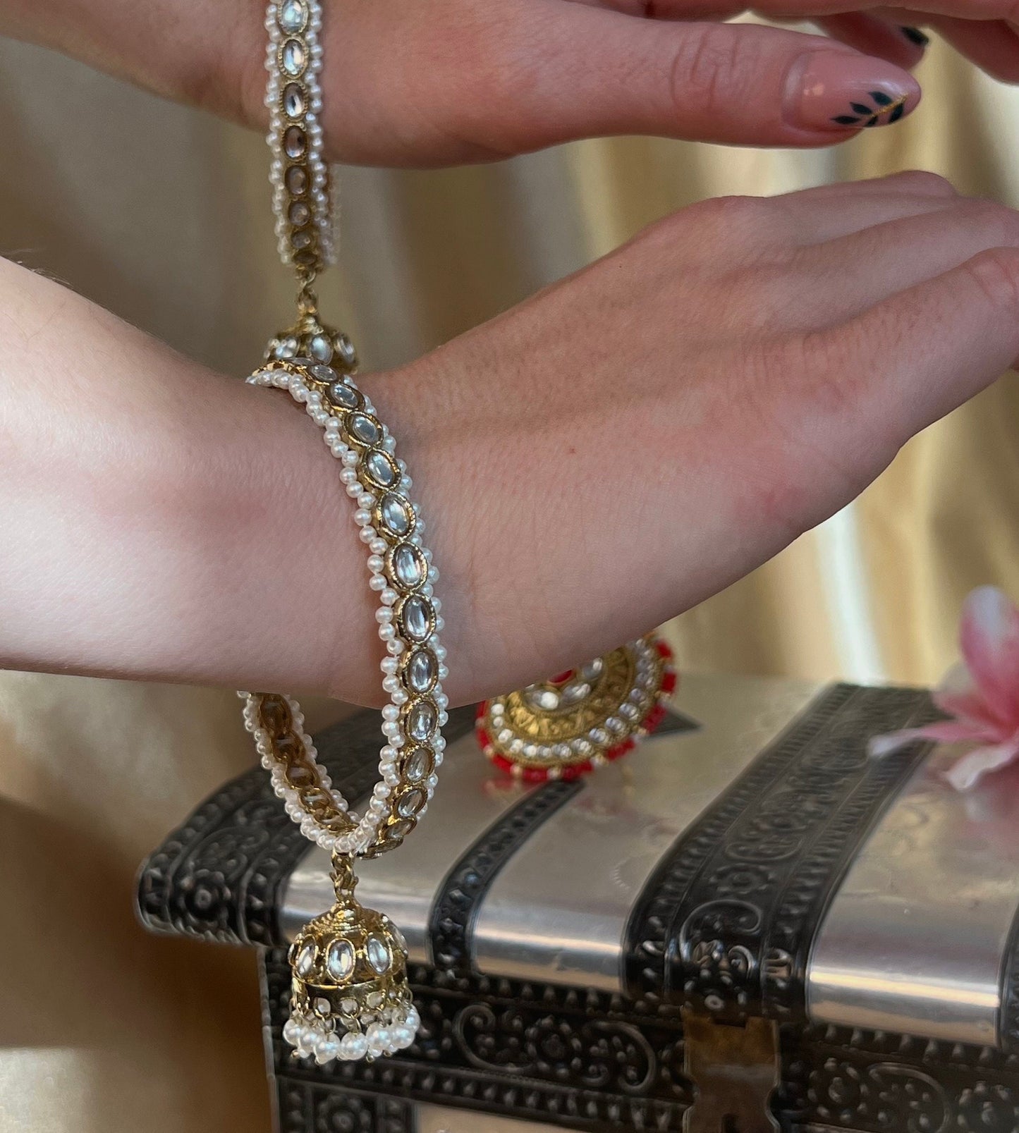 Clear Faux Kundan Pearl Jhumka Bangle X 4/Indian/ Pakistani/Jewelley/ Fashion Bracelet