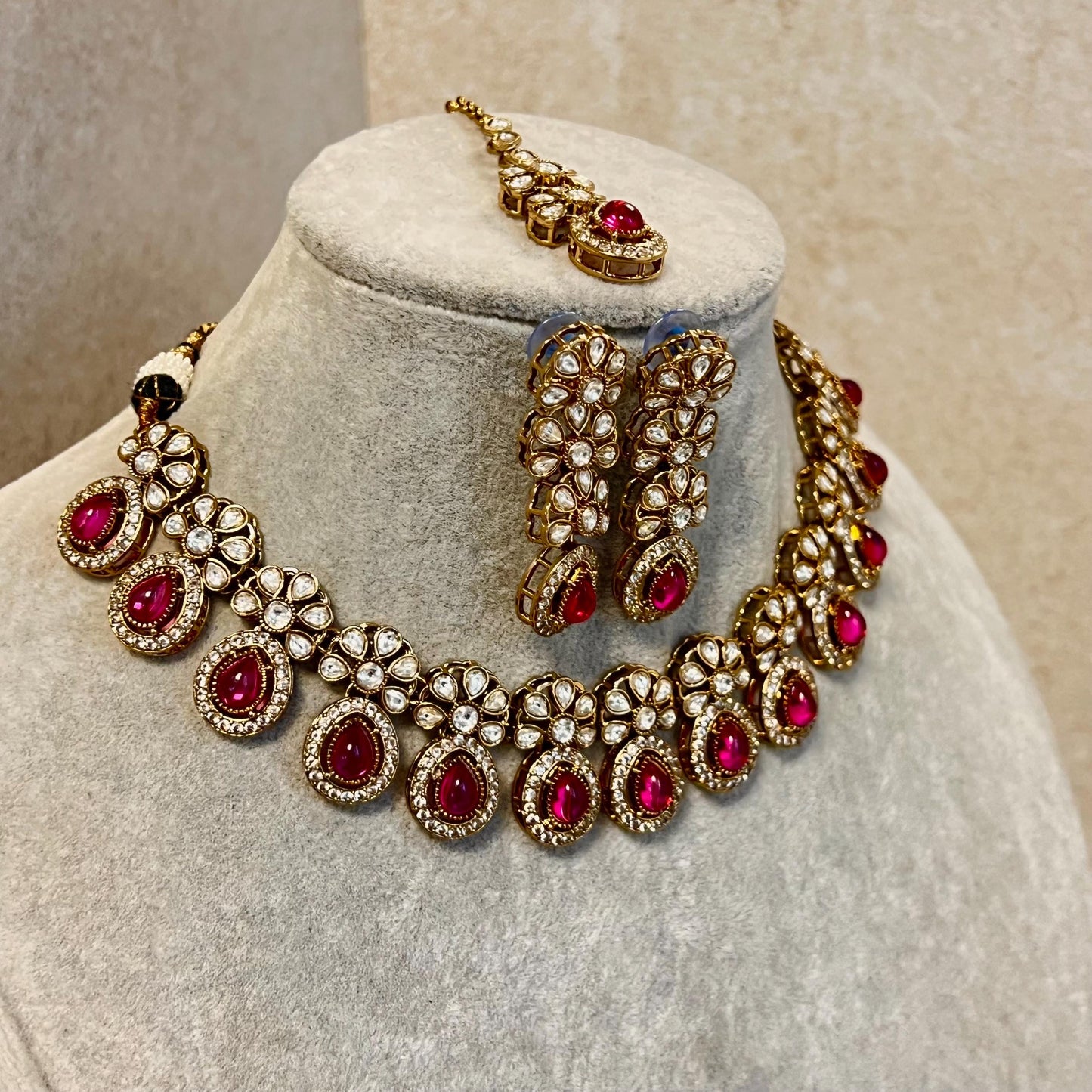Ruby Gold Faux Kundan Bright Gold Necklace with Earring and Tikka/ Unique Style/ Indian/ Pakistani/Fashion Jewellery/ Gift for Women/