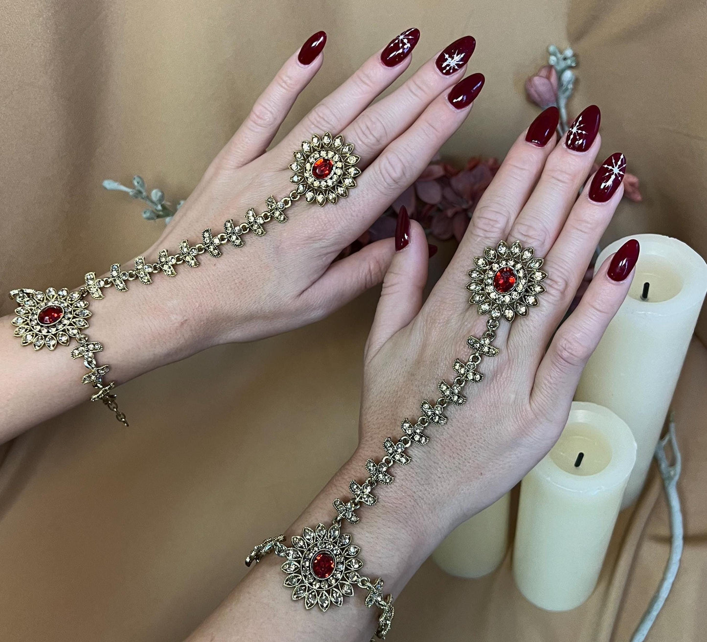 Antique Gold & Maroon Hand Harness - Maroon/ Golden/ Fashion Jewellery/ Gift for Women/Indian/Pakistani style /Haathphool/Hand Accessory