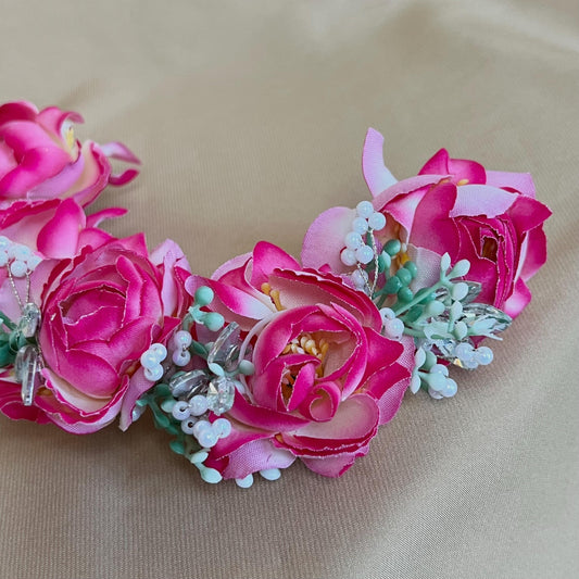 Pink Ladies Floral Bun Gajra Artificial Flower Accessory - Crystal/Hot Pink/ Indian/ Pakistani/Fashion Jewellery/ Gift for Women