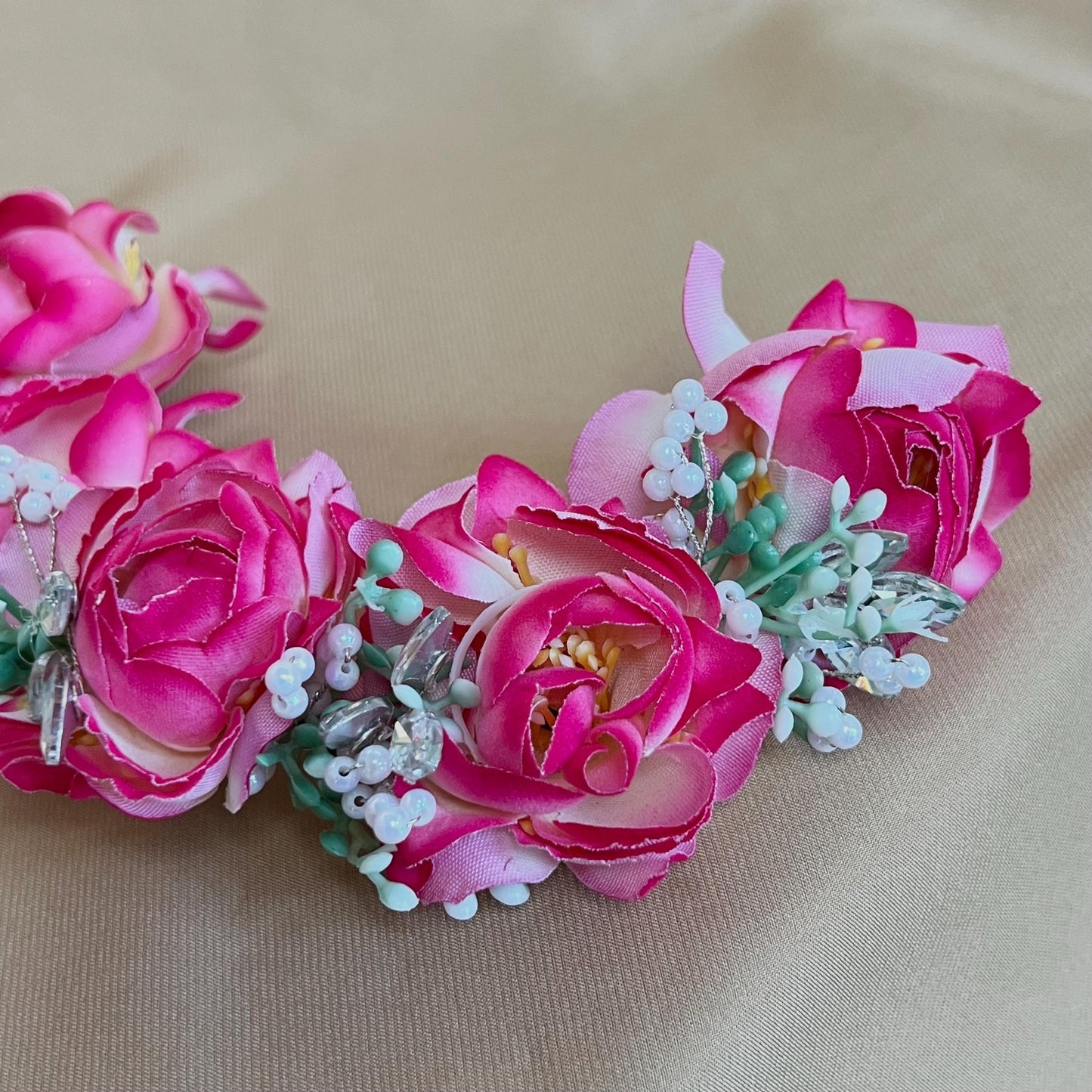 Pink Ladies Floral Bun Gajra Artificial Flower Accessory - Crystal/Hot Pink/ Indian/ Pakistani/Fashion Jewellery/ Gift for Women