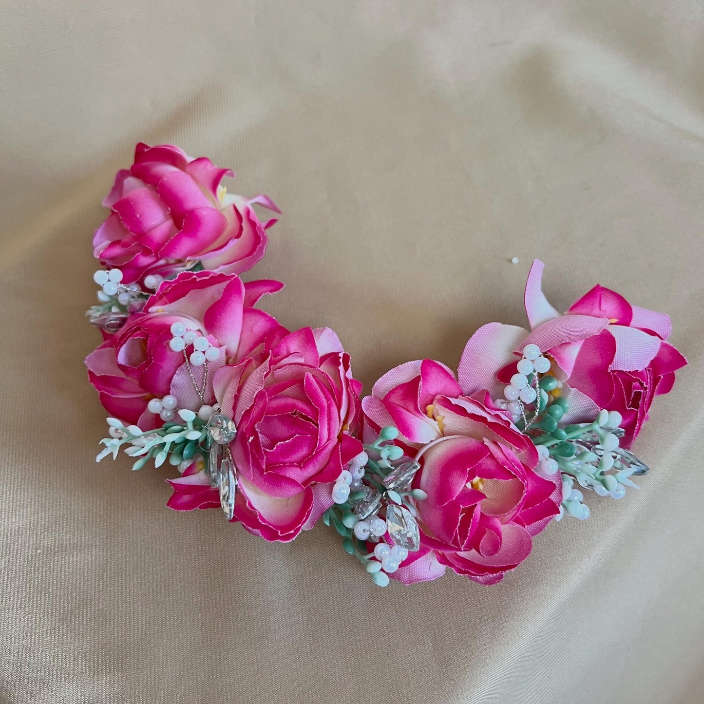 Pink Ladies Floral Bun Gajra Artificial Flower Accessory - Crystal/Hot Pink/ Indian/ Pakistani/Fashion Jewellery/ Gift for Women