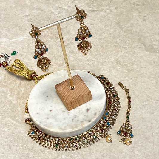 Multi Colour Necklace Set (Earring Tikka)  Indian/ Pakistani/Fashion Jewellery/ Gift for Women/Mendhi/Party/ Gift