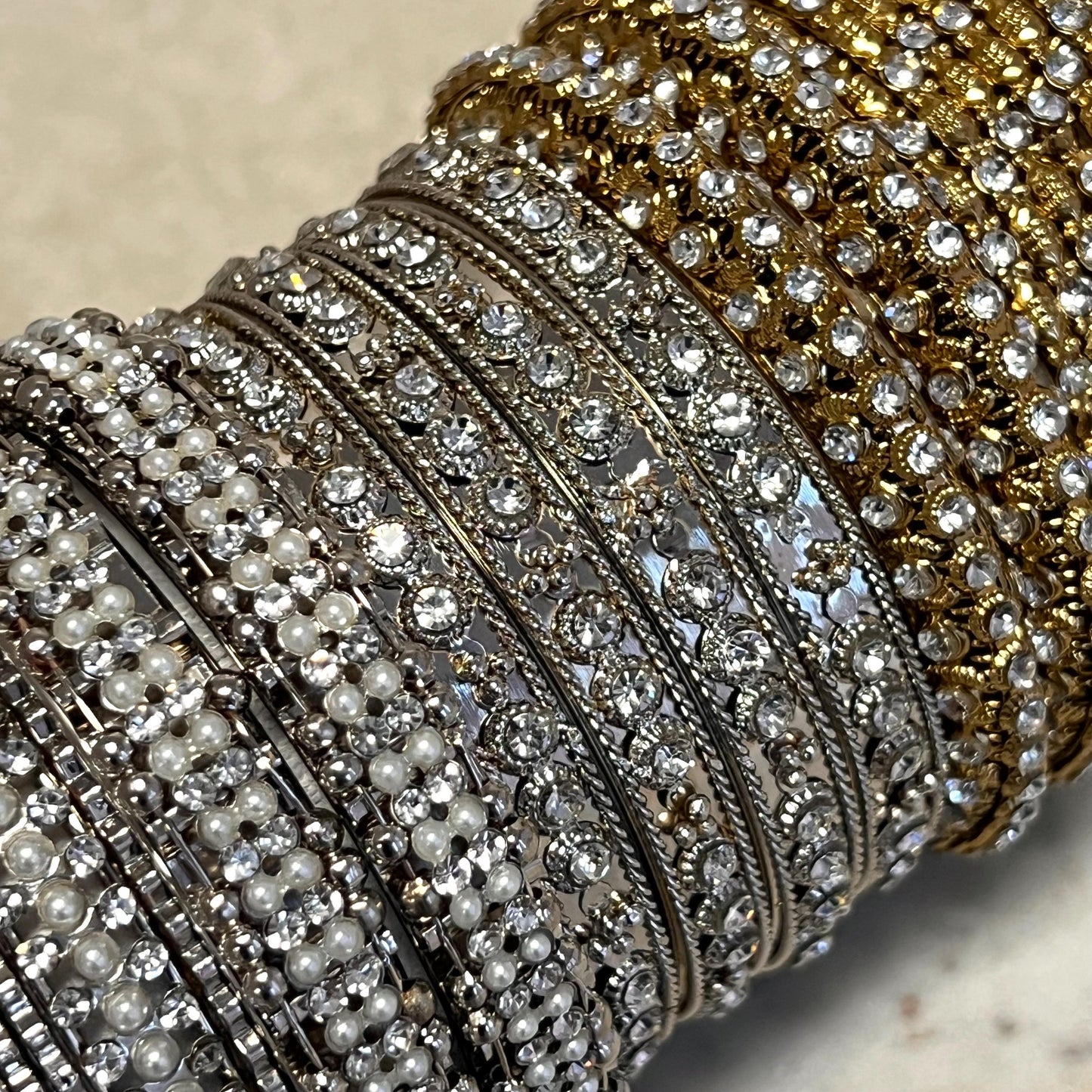 CLEARANCE Bangle Roll Build Your Bangle Set /Random Assortment -Silver and Antique Gold with Clear Stones/ Indian/Pakistani Jewelley/2.6