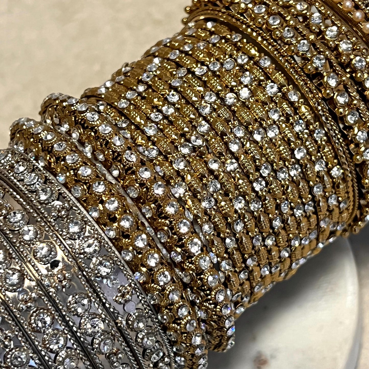 CLEARANCE Bangle Roll Build Your Bangle Set /Random Assortment -Silver and Antique Gold with Clear Stones/ Indian/Pakistani Jewelley/2.6