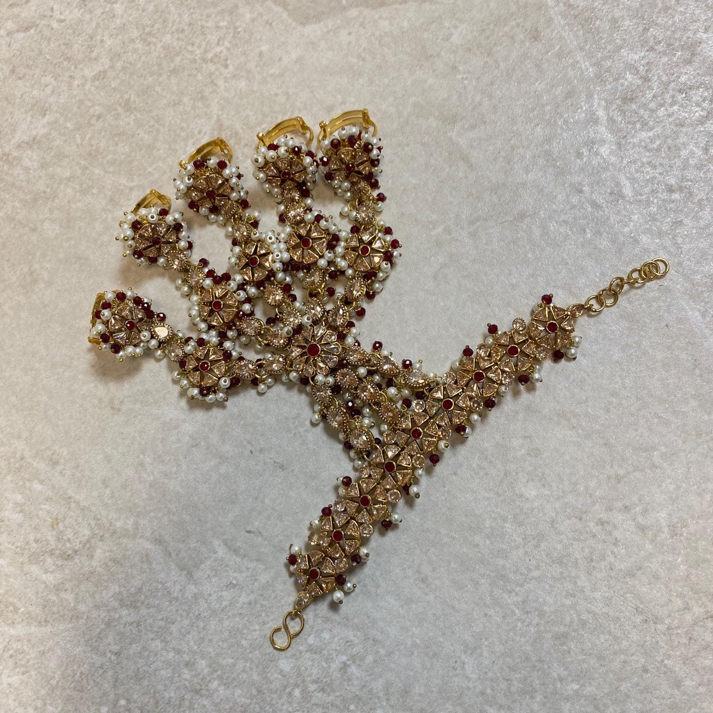 Maroon/Goldplated 5 Ring Hand Harness/ Hathpool/Fashion Jewellery/Gold Hathpool/Indian/Pakistani style /Haathphool/Hand Accessory