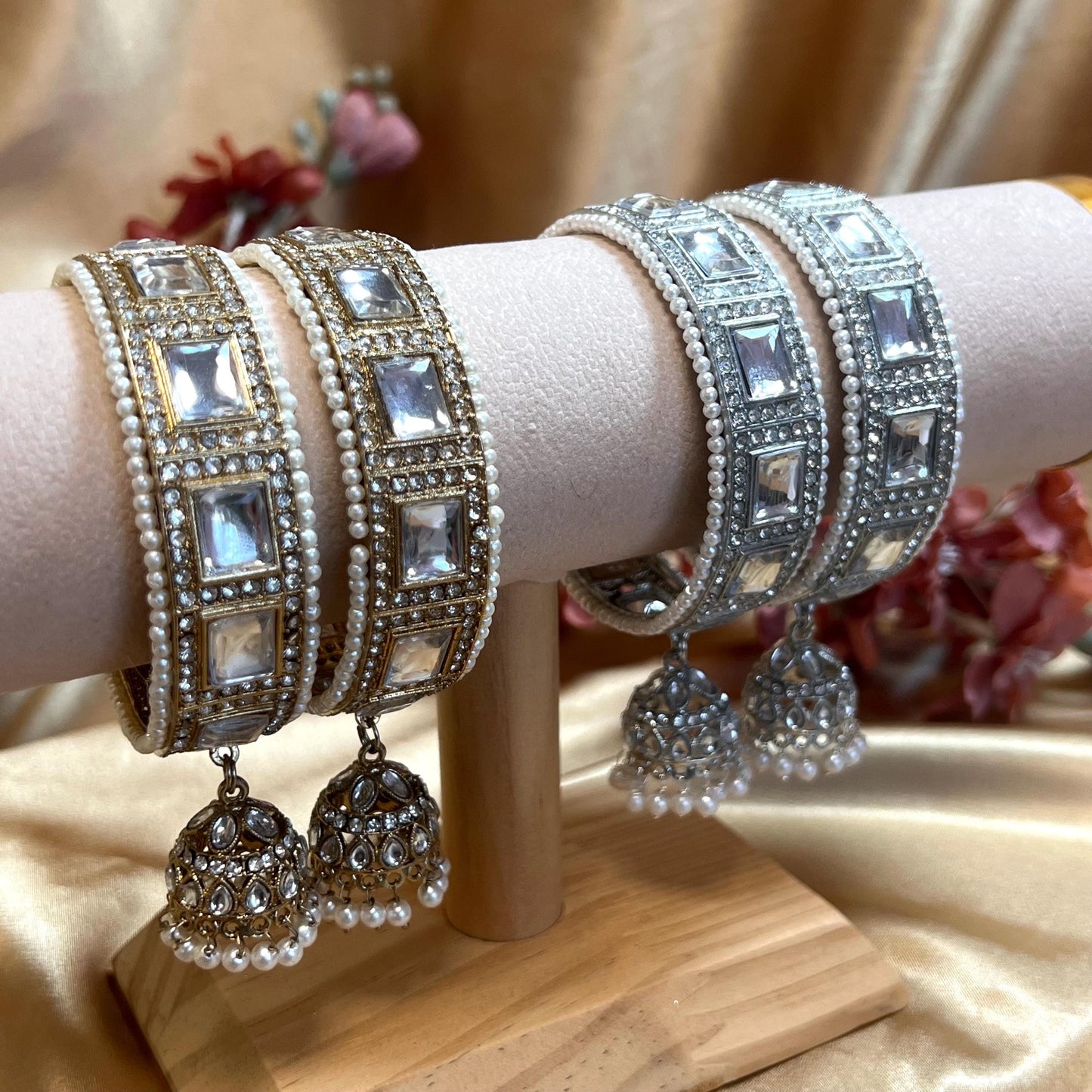 Chunky Jhumka Bangles (Pair)/Indian/ Pakistani/Jewelley/ Fashion Bracelet/ Clear Gold or Silver in 2.6 only