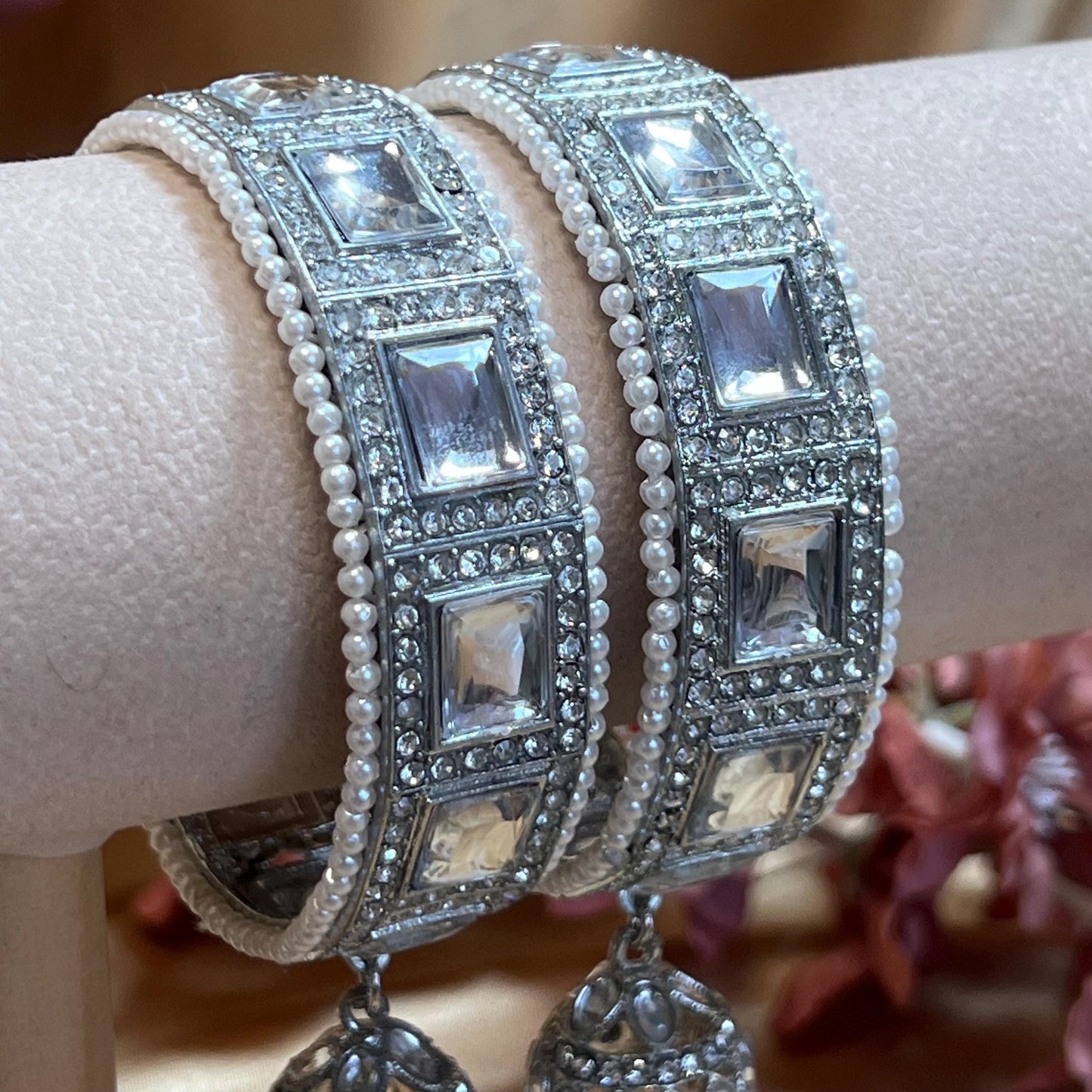 Chunky Jhumka Bangles (Pair)/Indian/ Pakistani/Jewelley/ Fashion Bracelet/ Clear Gold or Silver in 2.6 only