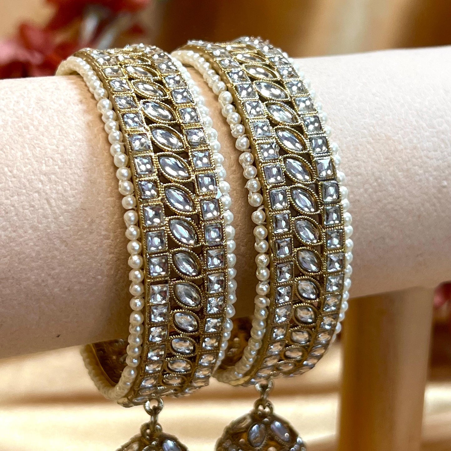 Chunky Jhumka Bangles (Pair)/Indian/ Pakistani/Jewelley/ Fashion Bracelet/ Clear Gold or Silver in 2.6 only