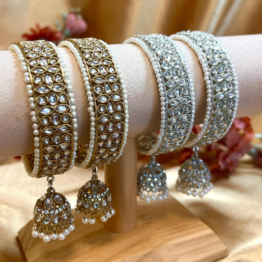 Chunky Jhumka Bangles (Pair)/Indian/ Pakistani/Jewelley/ Fashion Bracelet/ Clear Gold or Silver in 2.6 only