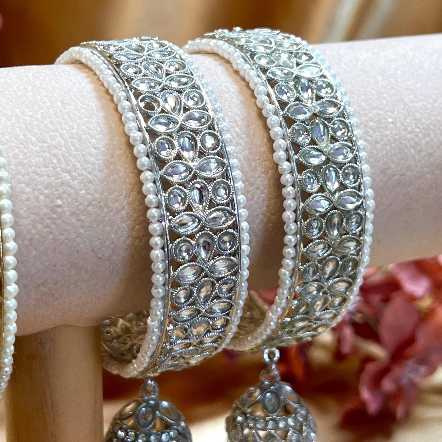 Chunky Jhumka Bangles (Pair)/Indian/ Pakistani/Jewelley/ Fashion Bracelet/ Clear Gold or Silver in 2.6 only