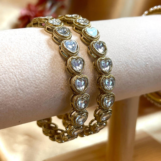 Heart Bangles/ Clear- Antique Gold and Clear Stone Bangles (Pair)/Indian/ Pakistani/Jewelley/ Fashion Bracelet/2.6 only