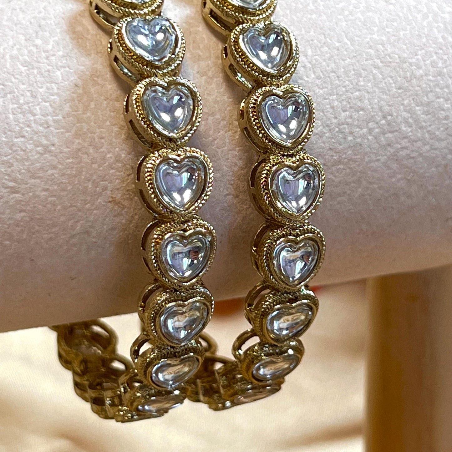 Heart Bangles/ Clear- Antique Gold and Clear Stone Bangles (Pair)/Indian/ Pakistani/Jewelley/ Fashion Bracelet/2.6 only