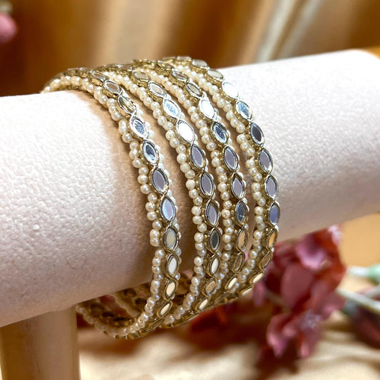 Mirror Bangles/ Clear- Antique Gold and Mirror Detail Bangles (Set of 4)/Indian/ Pakistani/Jewelley/ Fashion Bracelet/2.6 only/ Handmade