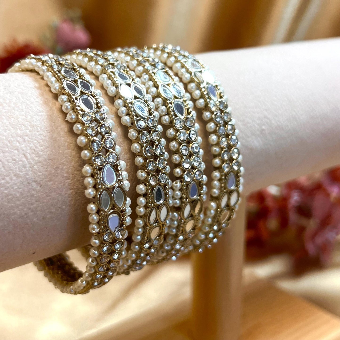 Mirror Bangles/ Clear- Antique Gold and Mirror Detail Bangles (Set of 4)/Indian/ Pakistani/Jewelley/ Fashion Bracelet/2.6 only/ Handmade