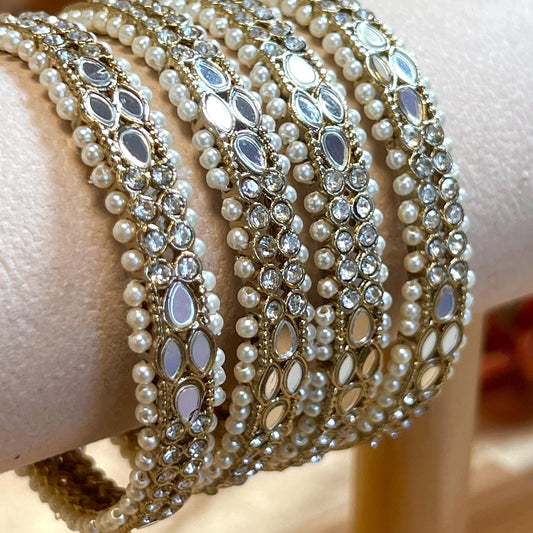 Mirror Bangles/ Clear- Antique Gold and Mirror Detail Bangles (Set of 4)/Indian/ Pakistani/Jewelley/ Fashion Bracelet/2.6 only/ Handmade