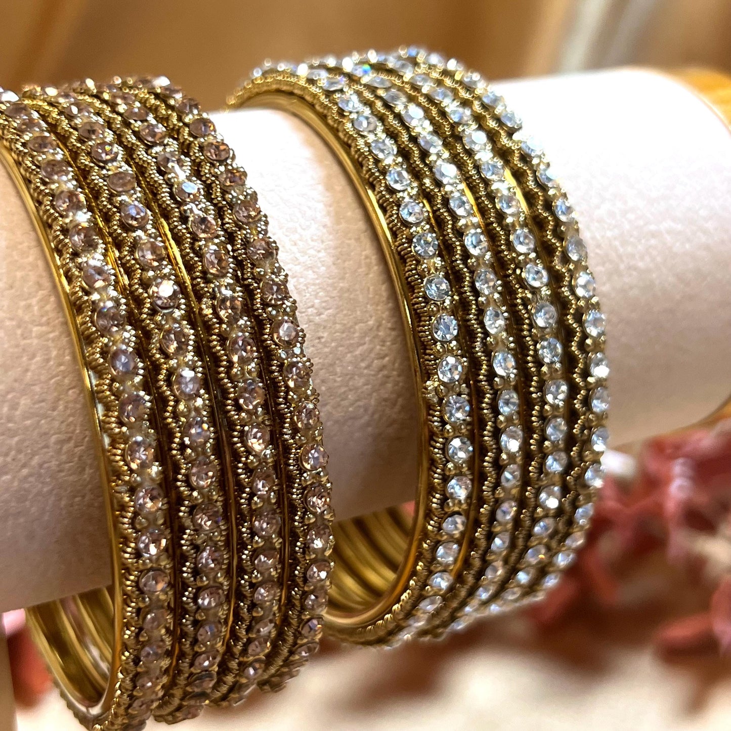 Set of 4 Rhinestone Bangles - Antique Gold Base/ Golden or Clear Indian/ Pakistani/Jewelley/ Fashion Bracelet/2.8 only / Choose Colour
