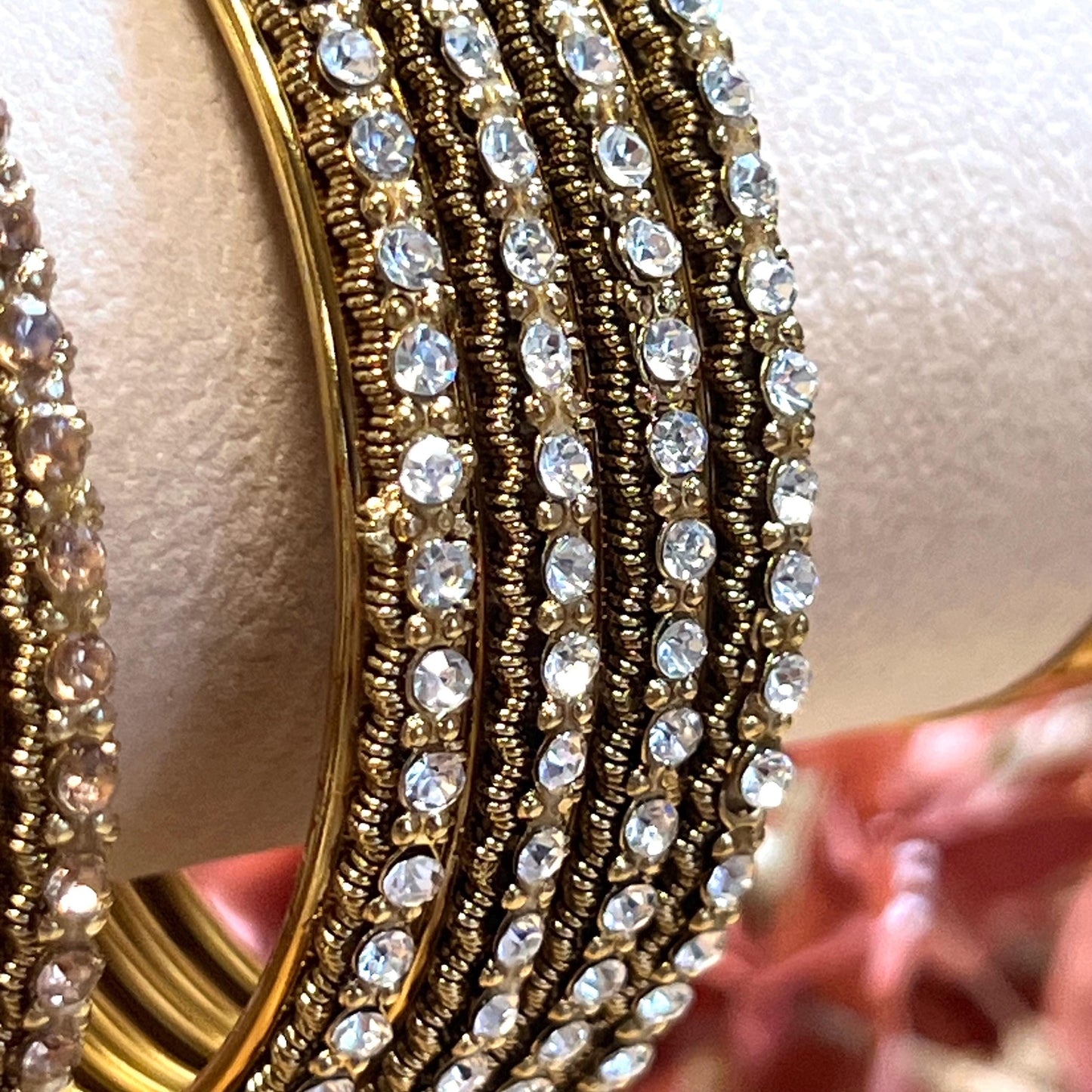 Set of 4 Rhinestone Bangles - Antique Gold Base/ Golden or Clear Indian/ Pakistani/Jewelley/ Fashion Bracelet/2.8 only / Choose Colour