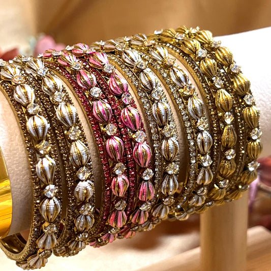 Set of 2 Retro Rhinestone Bangles - Antique Gold Base/ Golden or Clear Indian/ Pakistani/Jewelley/ Fashion Bracelet/2.6 only /Choose Colour