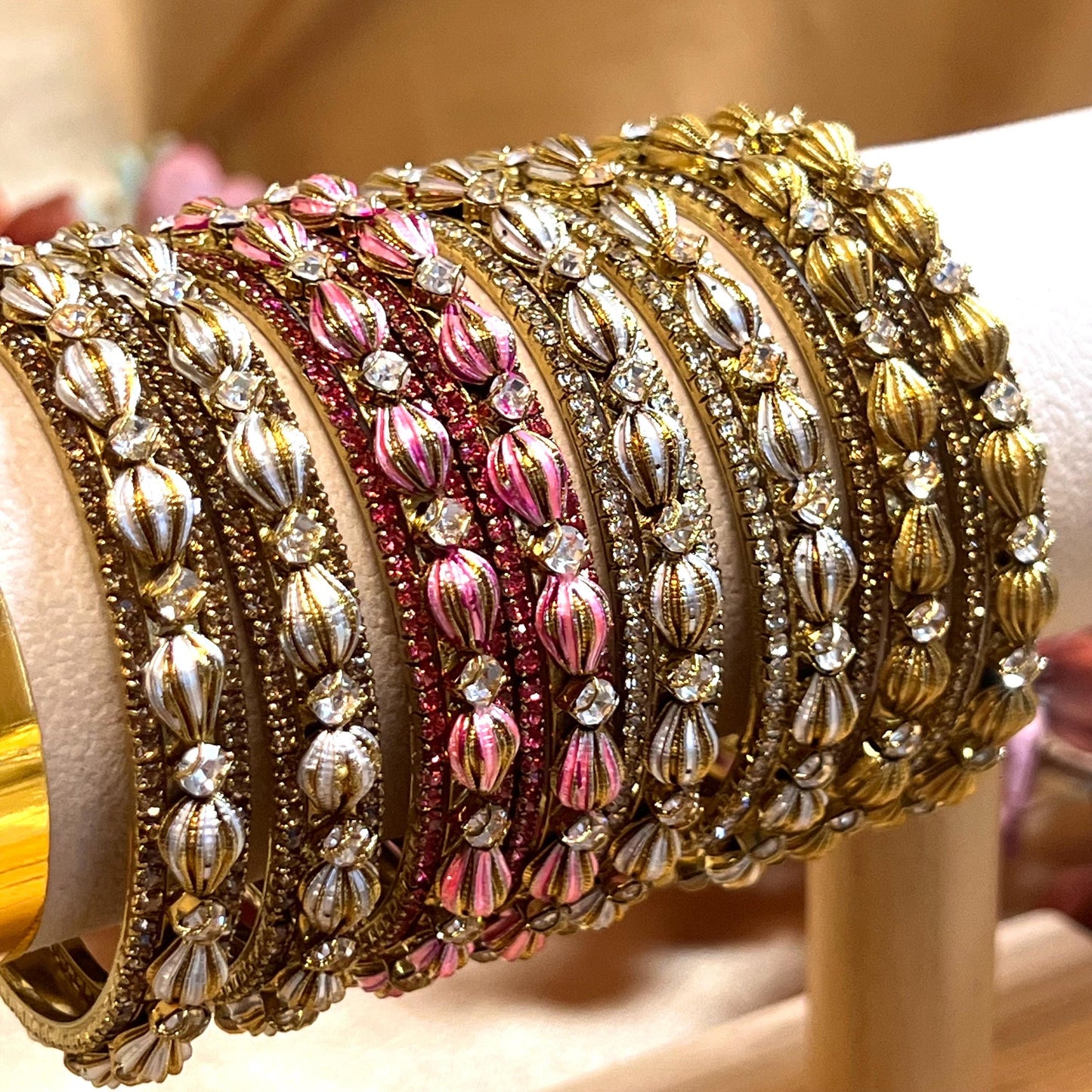 Set of 2 Retro Rhinestone Bangles - Antique Gold Base/ Golden or Clear Indian/ Pakistani/Jewelley/ Fashion Bracelet/2.6 only /Choose Colour