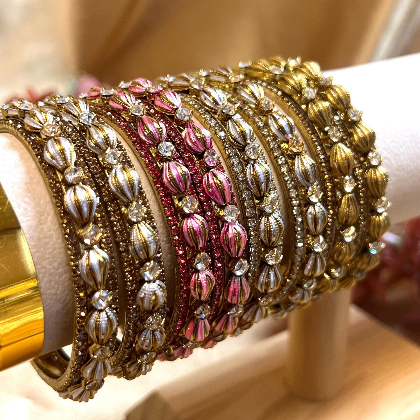 Set of 2 Retro Rhinestone Bangles - Antique Gold Base/ Golden or Clear Indian/ Pakistani/Jewelley/ Fashion Bracelet/2.6 only /Choose Colour