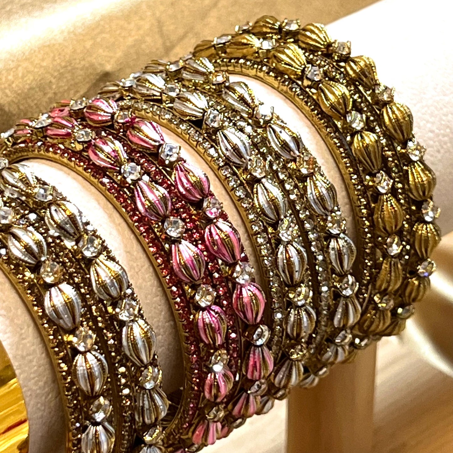 Set of 2 Retro Rhinestone Bangles - Antique Gold Base/ Golden or Clear Indian/ Pakistani/Jewelley/ Fashion Bracelet/2.6 only /Choose Colour