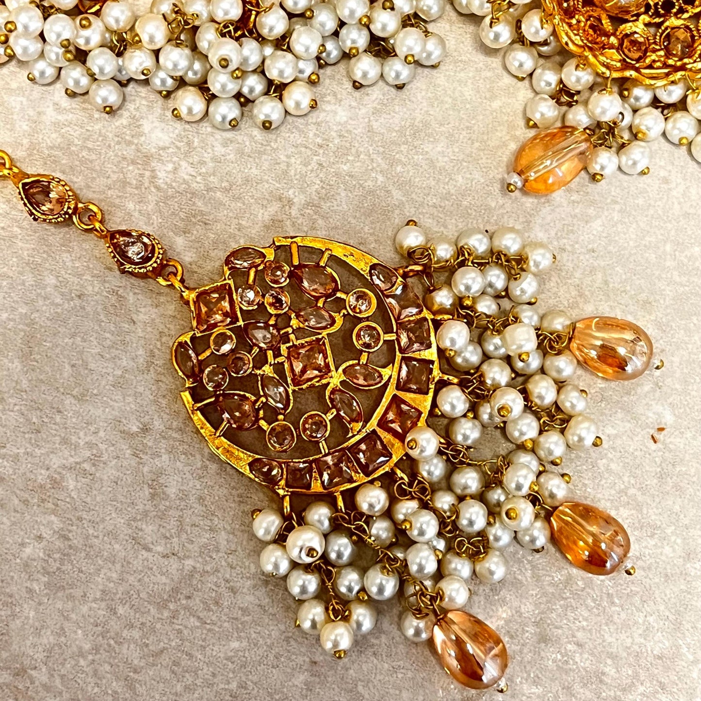 Full Bridal Set - Antique Gold Golden Rhinestone/ ZirconIndian / Pakistani Style/Necklace, Chain Jhumka Earring, Tikka, Jhumar Wedding/ Gift