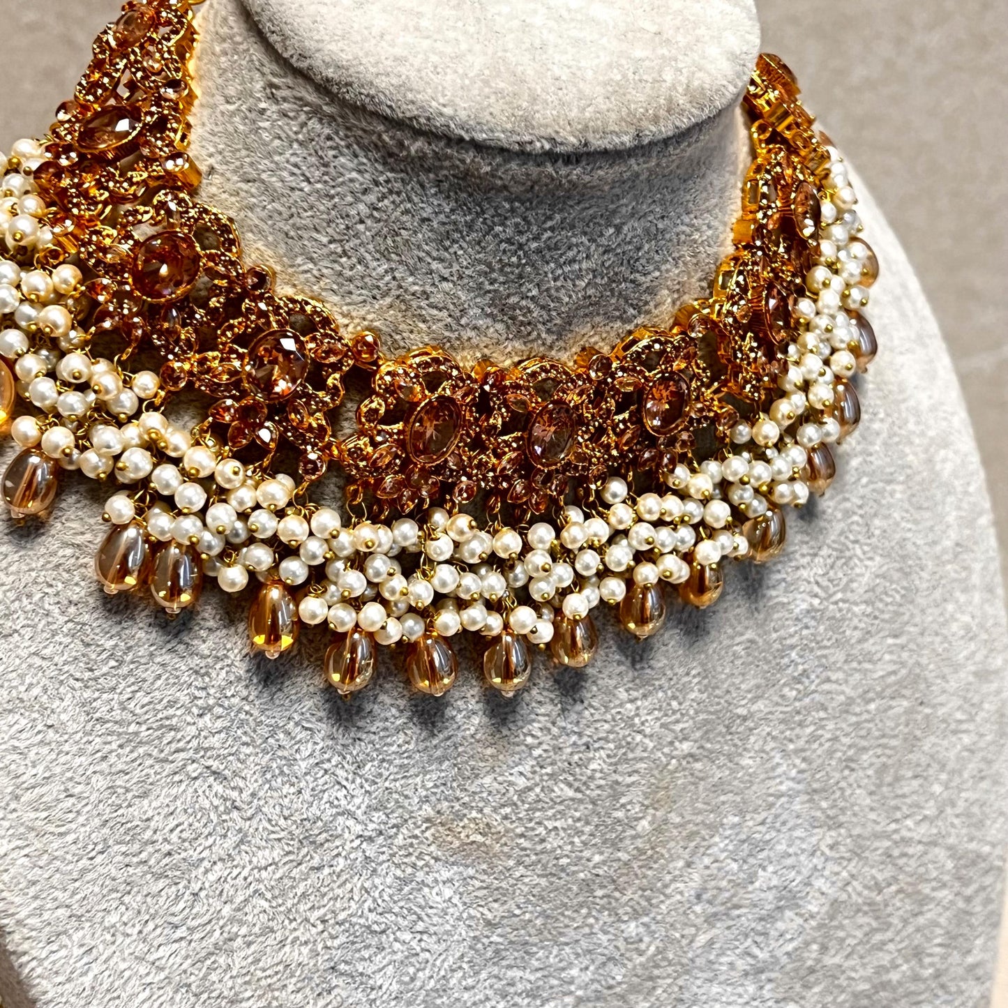 Full Bridal Set - Antique Gold Golden Rhinestone/ ZirconIndian / Pakistani Style/Necklace, Chain Jhumka Earring, Tikka, Jhumar Wedding/ Gift