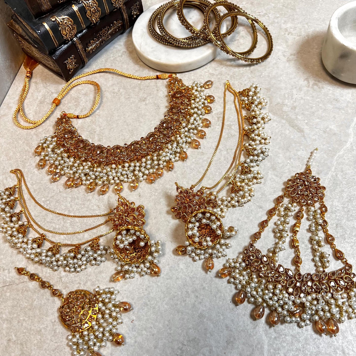 Full Bridal Set - Antique Gold Golden Rhinestone/ ZirconIndian / Pakistani Style/Necklace, Chain Jhumka Earring, Tikka, Jhumar Wedding/ Gift