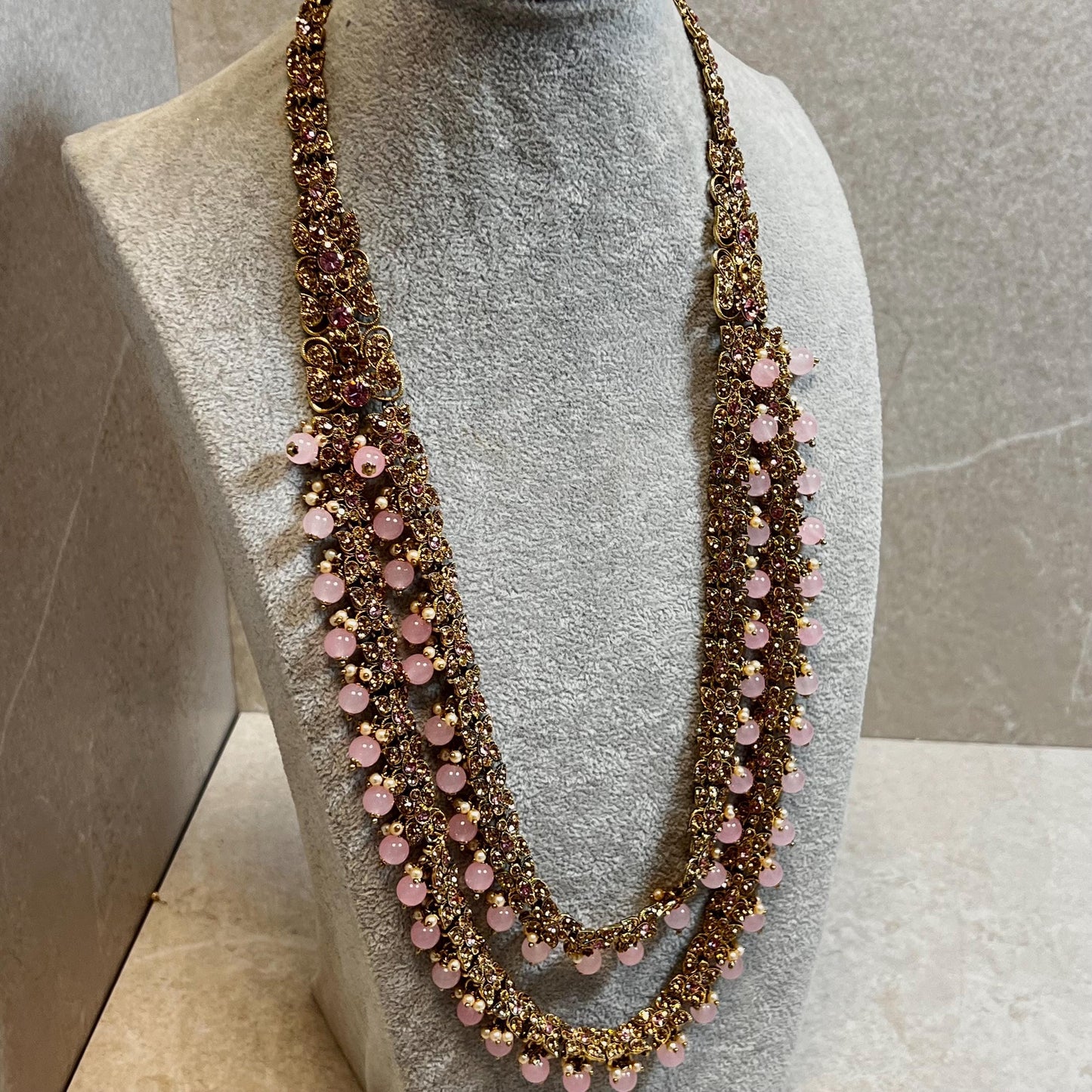 CLEARANCE Pink with Champagne/Golden stone Long Mala/ Haar/ Long Necklace/ Unique Style/ Indian/ Pakistani/Fashion Jewellery/ Gift for Women