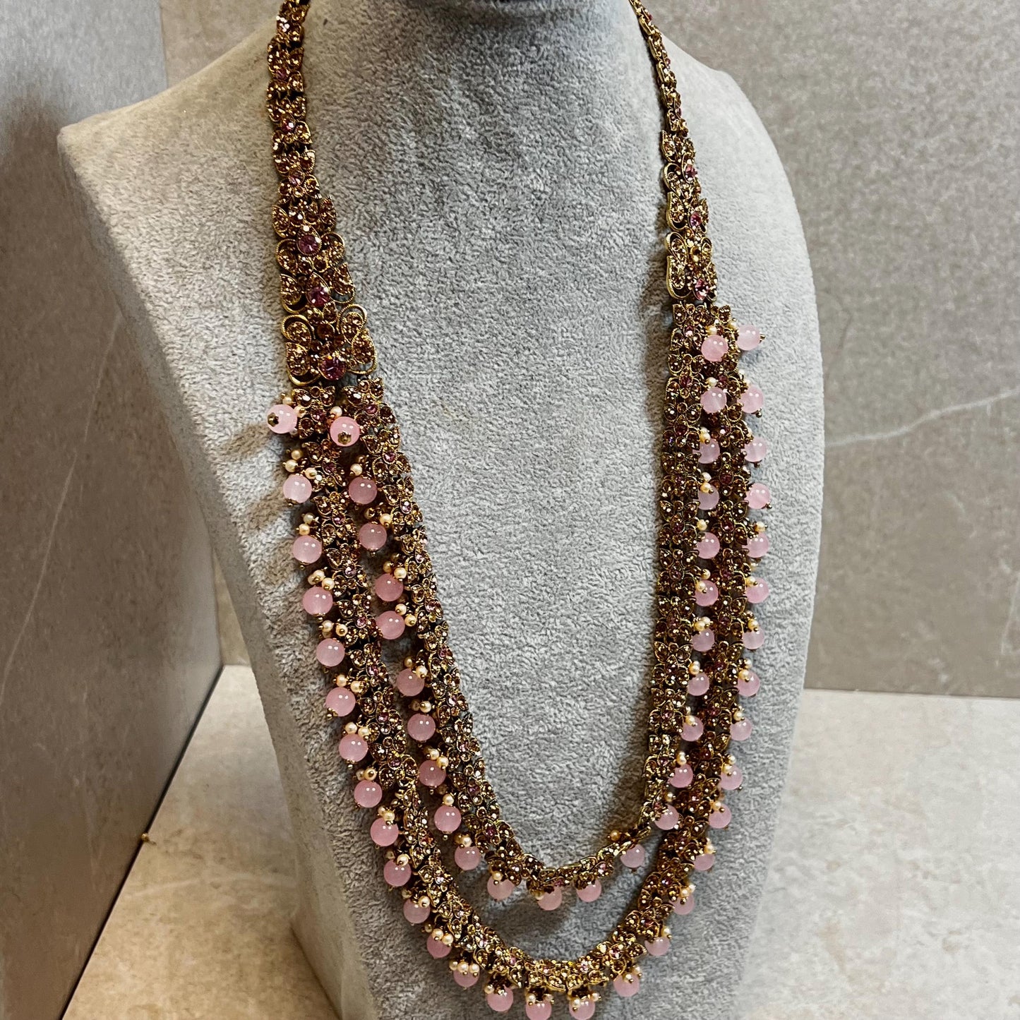 CLEARANCE Pink with Champagne/Golden stone Long Mala/ Haar/ Long Necklace/ Unique Style/ Indian/ Pakistani/Fashion Jewellery/ Gift for Women